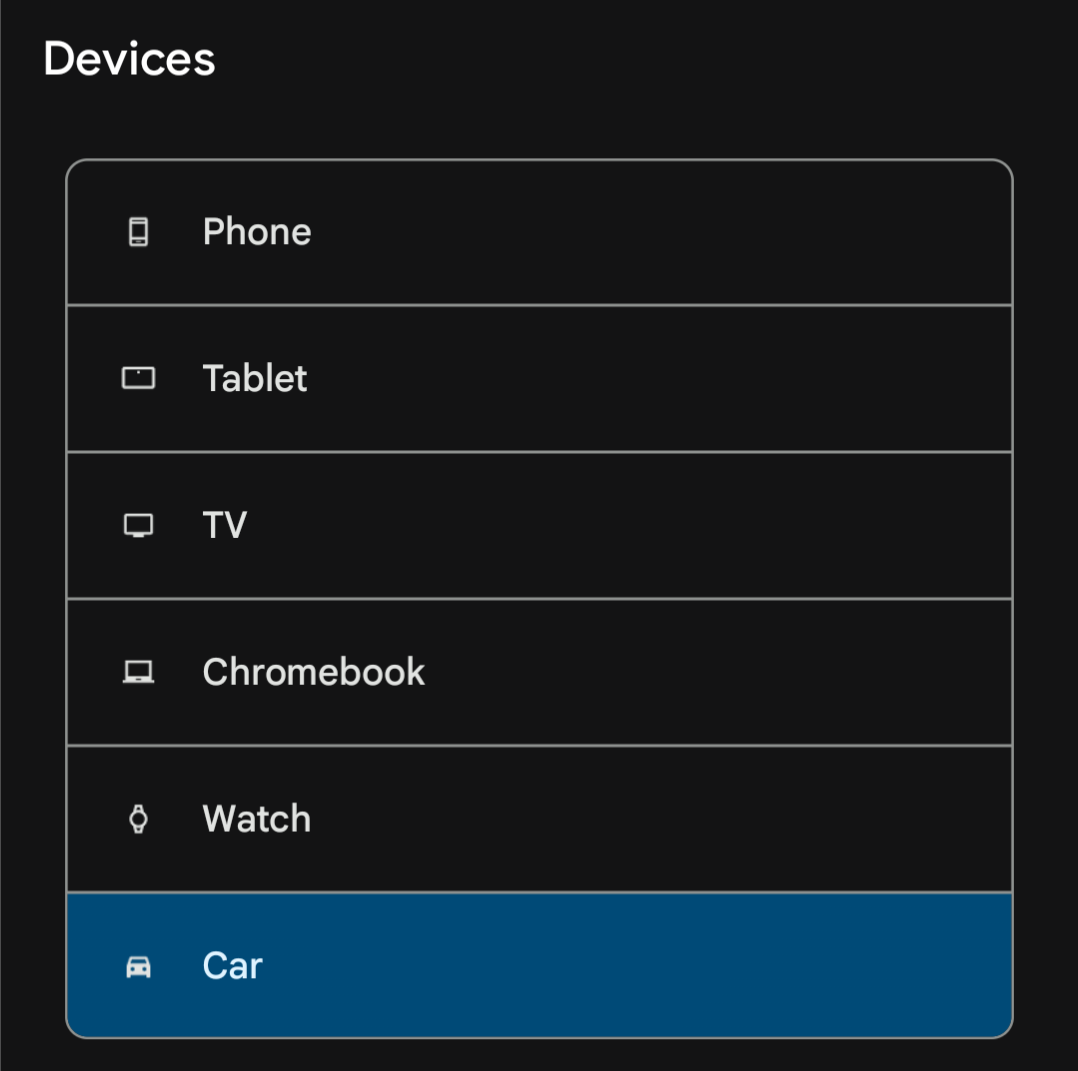 Google Play's list of compatible devices. At the bottom is 'Car'. 